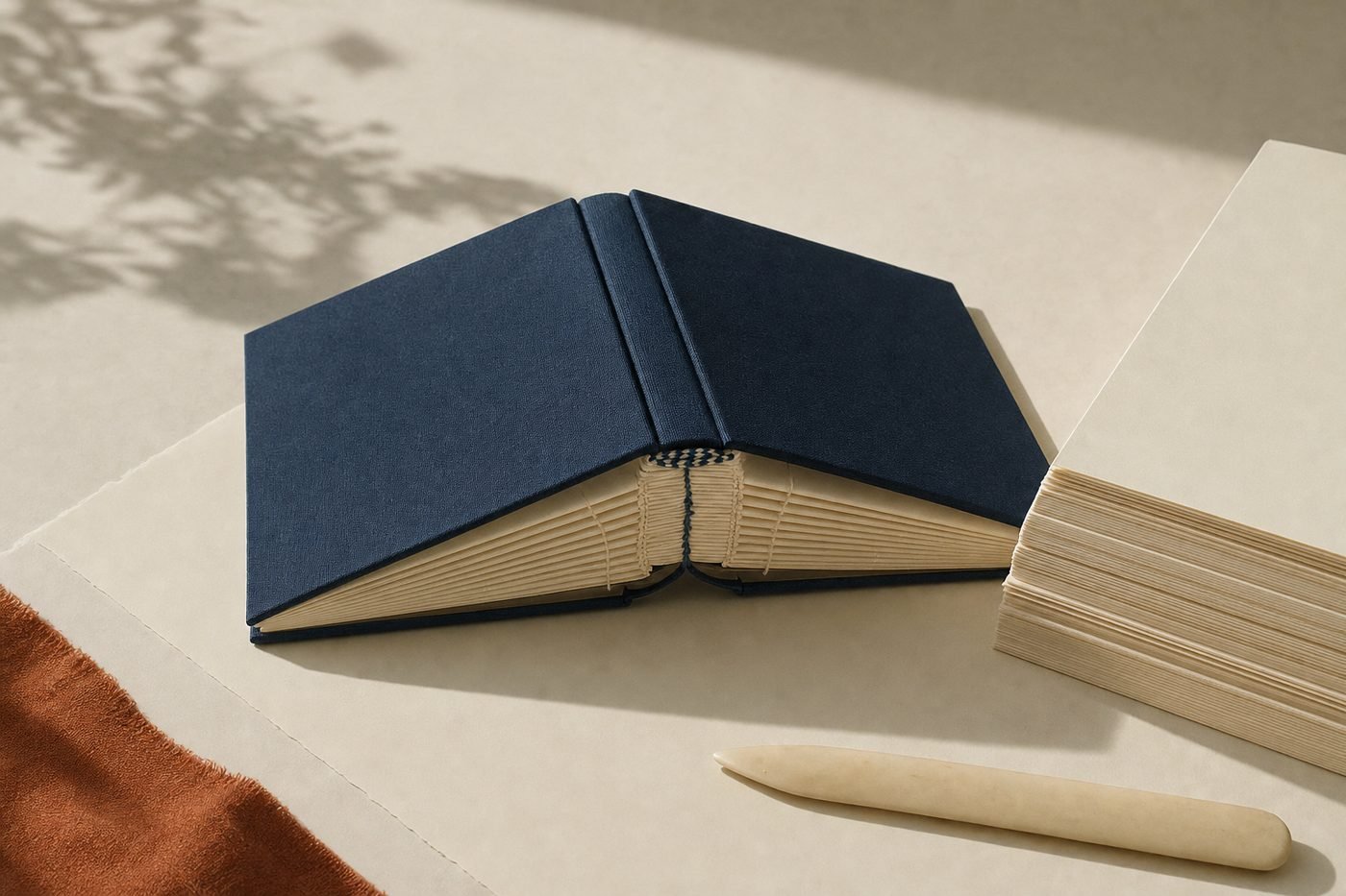 An open hardback book lying face down showing its sewn signatures, beside a stack of cream text-block paper and a bone folder.