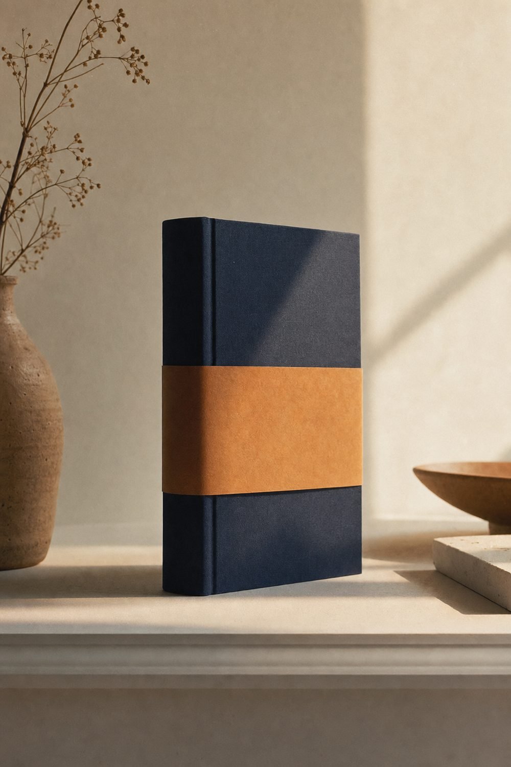 A single navy cloth-bound hardback book standing on an ivory shelf, wrapped with an ochre paper band, in soft daylight.
